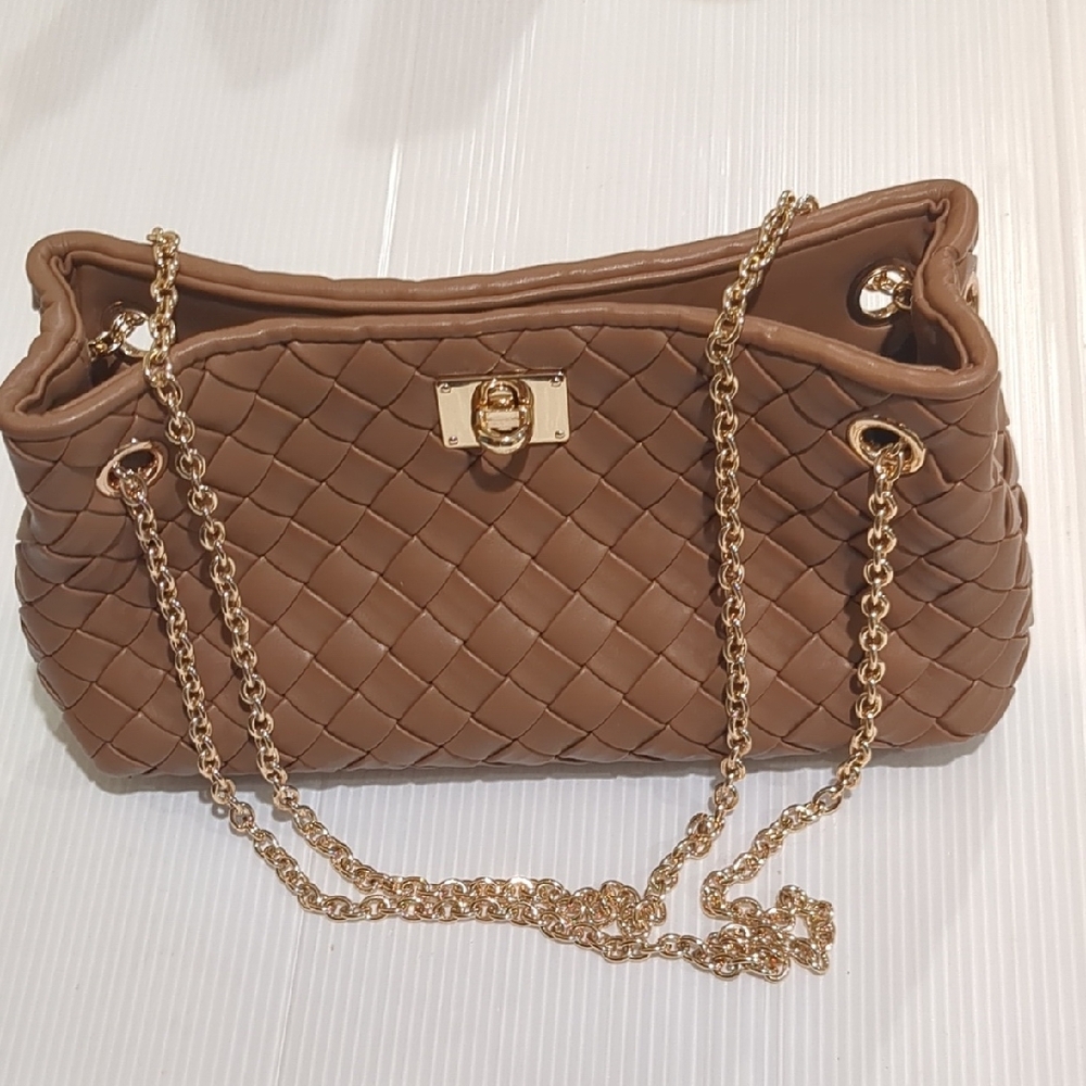 Ann Taylor Woven Tan Shoulder Bag with Gold Chain